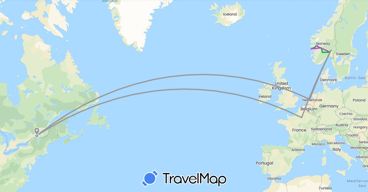 TravelMap itinerary: driving, bus, plane, train, boat in Canada, France, Netherlands, Norway (Europe, North America)
